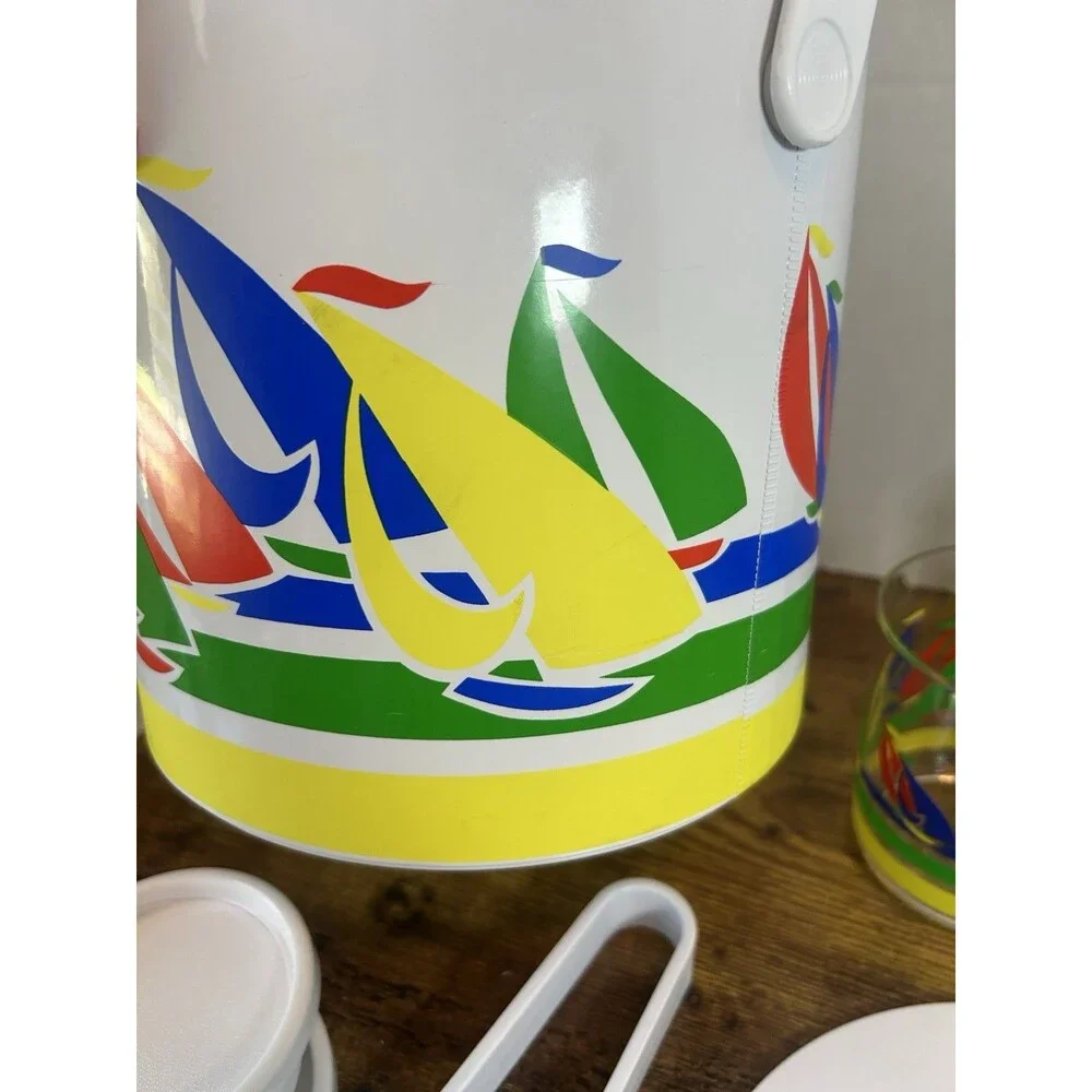 Vintage Sailboat Ice Bucket Set 4 Tumblers Coasters Tongs Primary Colors Taiwan